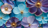 Fototapeta Konie - Floral cyan, purple, white, and gold jade and agate stone style background. 