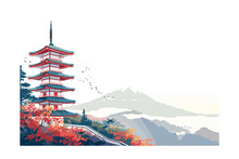 Vector Illustration Of Japanese Traditional Pagoda With Misty Mountain Background