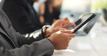 Canvas Print - Hands of man at meeting in office with tablet, email or social media for business feedback, schedule or agenda. Networking, digital app and businessman online for market research, report and workshop