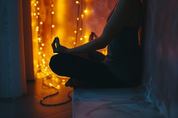 Sticker - person meditating in a quiet corner with ambient lighting