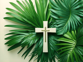 Christian wooden cross with palm tree leaves background 