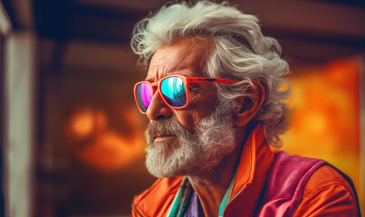 Wall Mural - Cool old men with colorful clothes and sunglasses, generative AI
