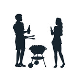 Fototapeta Dinusie - Barbecue party. Isolated silhouette of friends with grill. Summer picnic scene. Black BBQ drawing. Family cooking meat and drinking beer. Outdoor lunch
