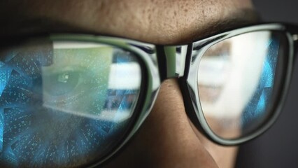 Cg collage in glasses against the background of eyes reflects chaos in the form of a kaleidoscope of numbers, binary code and a page of the Internet. Scientific project