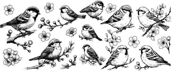 Poster - Bird hand drawn set in vintage style with flowers. Spring birds sitting on blossom branches.