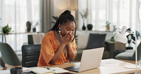 Wall Mural - Black woman, surprise in home office and celebration at laptop for remote work, social media or excited blog. Happy girl at desk with computer for winning email, achievement and success in freelance