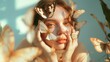 Sensitive portrait of a young woman with a butterfly flying around her face. Beautiful face with butterflies in light colors