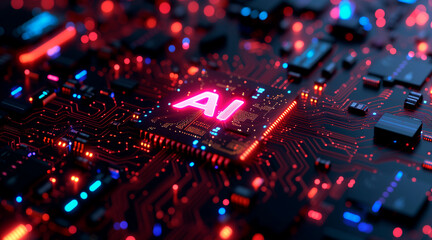 Fototapete - A glowing 'AI' symbol is at the heart of a complex circuit board, illustrating the integration of artificial intelligence technology with electronic hardware