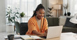 © Coetzee/peopleimages.com - Black woman, typing in home office and laptop for research in remote work, social media or blog in apartment. Freelance girl at desk with computer writing email, website post and online chat in house