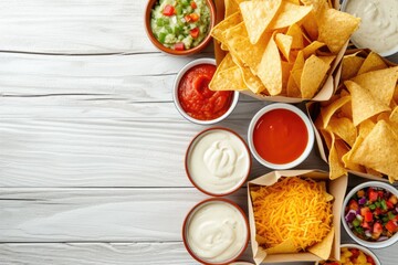 Wall Mural - Corn chips, Mexican nachos with various sauces, space for text