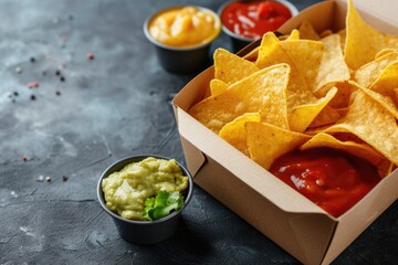 Wall Mural - Corn chips, Mexican nachos with various sauces, space for text