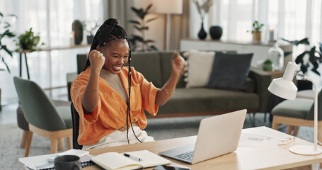 Black woman, achievement in home office and celebration at laptop for remote work, social media or excited blog. Happy girl at desk with computer for winning email, good news and success in freelance
