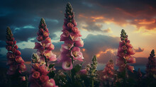 Foxglove Blooms Set Against A Dramatic Sunset Sky.