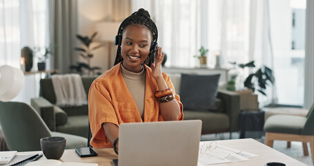 Aufkleber - Black woman, headset in home office with laptop and phone call, remote work and crm in apartment. Virtual assistant at desk with computer, typing and conversation for advice, online chat and support