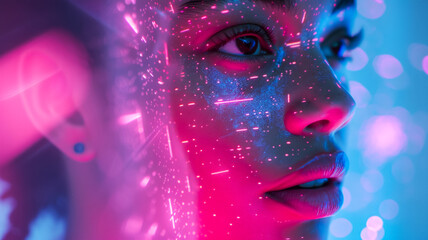 Wall Mural - Head of a woman big data analyst or programmer in neon light from a computer, with a projection of light from the monitor, concept of integration of artificial intelligence and man