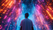 Conceptual poster about interaction of artificial intelligence with humanity, a background of neon data pillars rising into the sky, a man in a white T-shirt against the background of visualized data