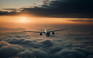 Wall Mural - a bright plane flies in the clouds over the ocean 