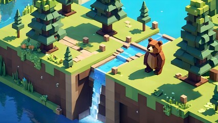 Wall Mural - Voxel cute bear, animals made of 3d cubes, voxel illustration for video games or illustrating 3d animation and vfx studios. Generative AI