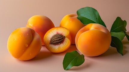 Poster - Fresh apricots with vibrant orange hue and green leaves. ripe, juicy summer fruit on a soft background. perfect for healthy lifestyle themes. AI