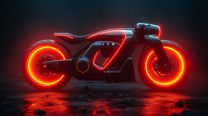 a futuristic cropped back end of a minimal bicycle is shown sitting against a dark background
