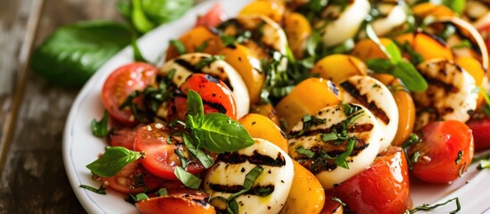 Wall Mural - Peachy Caprese salad with grilled mozzarella and tomatoes.