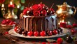 Tort czekoladowy z polewą czekoladową, wiśniami i czerwonymi różami