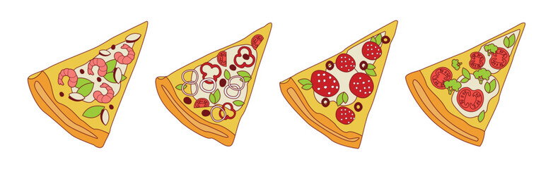 Canvas Print - Pizza Slice with Various Filling and Topping Vector Set