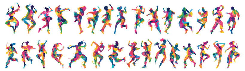 set of colorful people doing difference dance move. man woman flat illustration. isolated on transparent background.