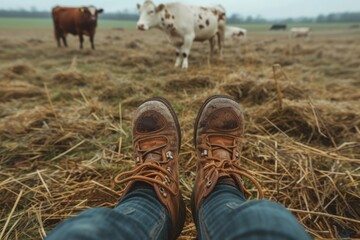 Wall Mural - Feet in boots on a farm among hay and cows