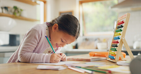 Poster - Learning, writing and happy girl child in a kitchen with maths, homework or counting practice in her home. Education, creative and kid student smile while drawing on table for homeschool art lesson