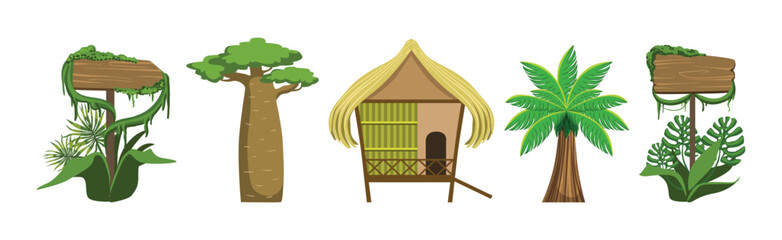 Poster - tropical jungle landscape design elements and object vector set