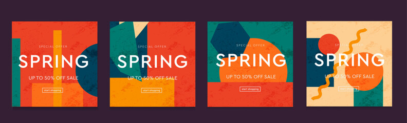 Wall Mural - Set Spring Design with Graphic Memphis Element. Creative Geometric 90s Style for Advertising, Web, Social Media, Poster, Banner, Cover. 3D Sale 50% Off. Vector Illustration