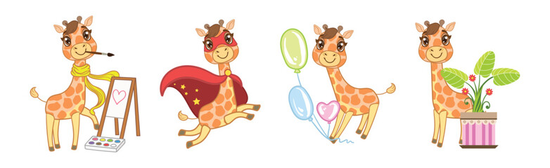 Poster - Cute Little Giraffe with Long Neck in Different Activity Vector Set