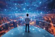 © Martin - Amidst a futuristic network, a businessman stands with purpose on a platform, reflecting the integration of business strategies with advanced technology concepts