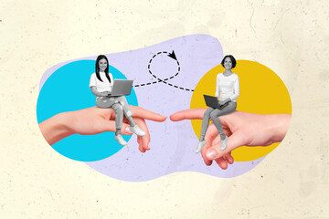Poster - Photo collage artwork minimal picture of smiling workers communicating apple samsung devices isolated creative background