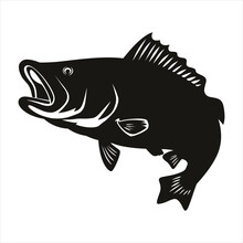 Black Silhouette Of A  Largemouth Bass  With Thick Outline Side View Isolated