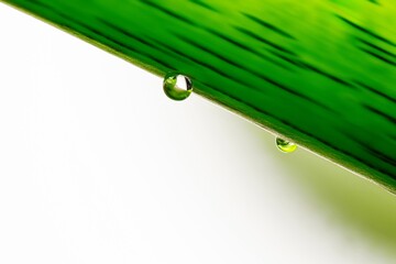 Water or tree sap hanging from the underside of a tropical green leaf. Windows wallpaper background image. Nature macro closeup.