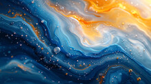 Abstract Of A Blue And Yellow Swirl Pattern With Bubbles, In The Style Of Conceptual Painting, Delicate Chromatics, Fluid Acrylics, White Background