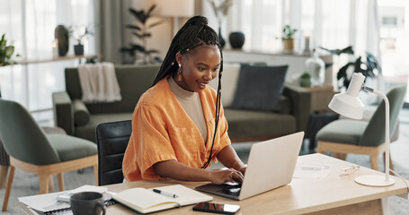 Aufkleber - Black woman, typing in home office and laptop for research in remote work, social media or blog in apartment. Freelance girl at desk with computer writing email, website post and online chat in house
