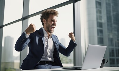 A young businessman, manager in a formal suit in the office in front of a laptop, rejoices at the results of his work, emotionally celebrates his victory.