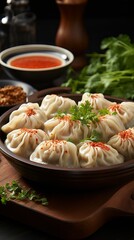 Wall Mural - 
A plate with khinkali dumplings drizzled with sauce and sprinkled with green onions.
Concept: culinary blogs, recipes in magazines, advertising of Georgian restaurants, cultural exchange through food