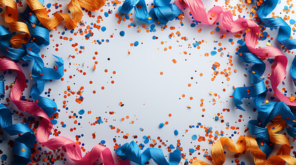 Wall Mural - carnival decoration on a white background, center is empty, top-down-view