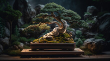 Juniper Bonsai Nestled In A Serene Zen Garden At Dusk.