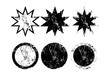Conjunto de formas de estrella y de círculos con textura grunge. Recurso gráfico de estrellas sobre fondo transparente para diseños de pegatinas, logotipos, insignias,