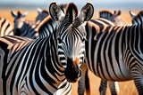 Fototapeta Konie - Striped African Wildlife Zebra Portrait Close Up With Herd In The Background On Safari