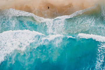 Canvas Print - Surfer walk on beach with blue ocean and waves. Aerial view