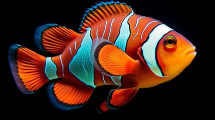 Wall Mural - Close-up of a cute clown fish, an anemone fish (Amphiprion ocellaris) swimming in the dark on a black background. Marine life, aquarium, animals, nature concepts.