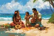 A family of Native Hawaiians enjoying a picnic on the beach, with a ukulele and a flower lei