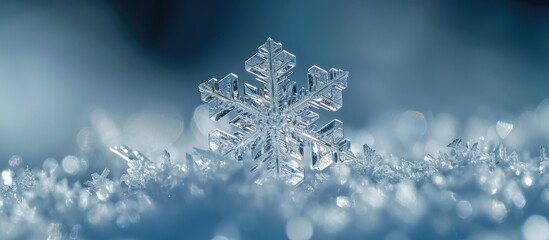 Poster - Macro photo of a real snow crystal: beautiful, hexagonal symmetry, glossy surface, intricate details, fragile arms.