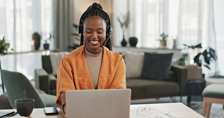 Poster - Black woman, headset with laptop and phone call, virtual assistant or crm in home office. Remote work girl at desk with computer, typing and conversation for advice, online chat and help in apartment